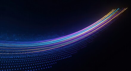A black background displays abstract light trails composed of blue, purple, and yellow glowing dots curving across the frame