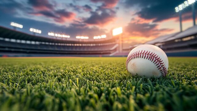 Baseball on Grass at Sunset in a Stadium