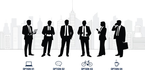 Diverse business silhouettes showcase various actions before a gray city skyline, presented with options