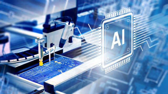 AI-driven electronics manufacturing uses robotic precision tools to assemble circuit boards, integrating automation and machine learning for advanced hardware production.