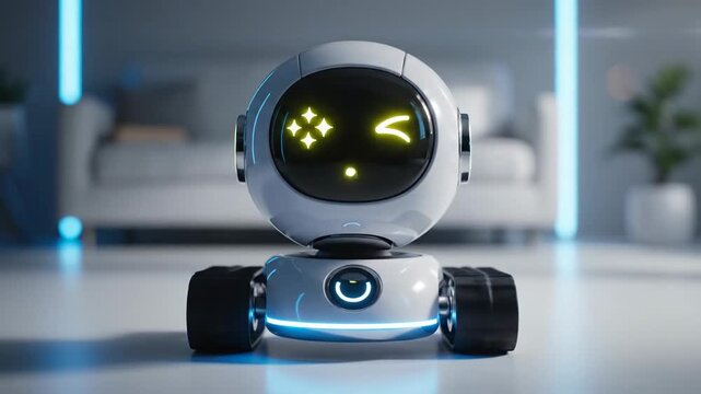 Small white robot with a spherical head and treads in a bright, minimalist room