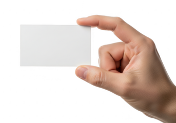 Hand holding a blank white business card isolated on transparent background