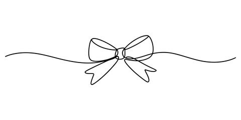 Minimalist one line drawing of a decorative bow with flowing ribbon ends, isolated on, simple continuous line art for elegant design element or divider continuous one line art of vector illustration