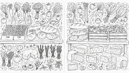 Fototapeta premium Hand-drawn illustration of a bustling farmers market stall with fresh produce, bread, and cheese.