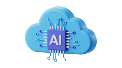 Artificial Intelligence Cloud Computing Microchip with Circuitry in Blue Neon Lighting on White Background for Tech Branding