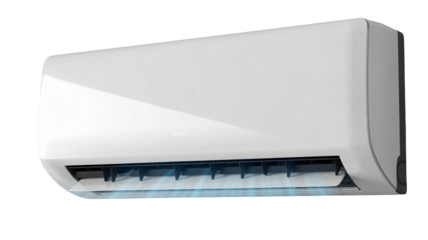 Modern white wall mounted air conditioner unit blowing cool air