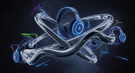Dynamic digital composition features multiple luminous audio receivers intertwined with chrome abstract forms