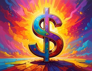 Colorful illustration featuring a vibrant dollar sign against a radiant background