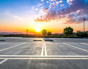Expansive parking lot facing a vibrant sunset sky