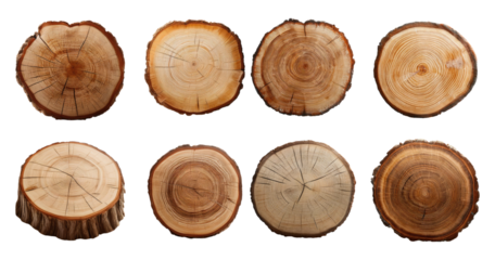 Various Cross Sections of Tree Stumps Isolated on a White Background, PNG bundle collection, Isolated on Transparent Background