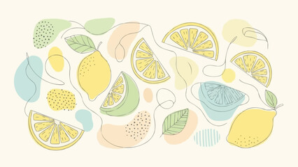 Abstract Lemon and Lime Slices with Leaves and Organic Shapes.