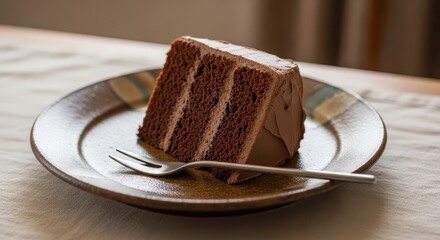 Decadent slice of multi layered chocolate cake rests on a ceramic plate with a fork.