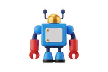 Cartoon robot with wrench hands in blue and red metallic colors with golden head on white background for technology illustration