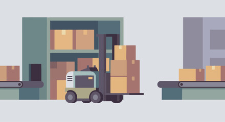 “Autonomous forklift robot moving cargo boxes in a warehouse, solid color flat design, minimal industrial environment.” © WealthyMinion
