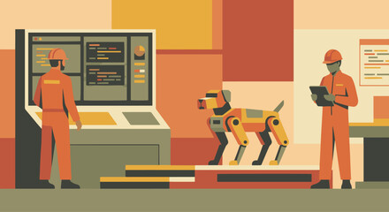 “Flat illustration of a robot dog being tested by engineers, solid color blocks, clean minimal shapes, warm tech palette.” © WealthyMinion