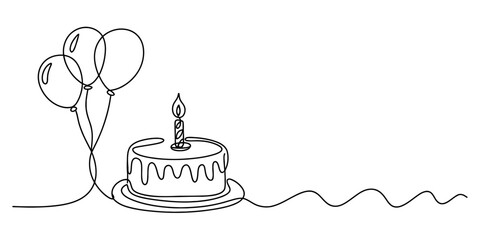 Continuous line drawing of a birthday cake with a lit candle and three balloons, isolated on minimalist one line art continuous one line art of vector illustration