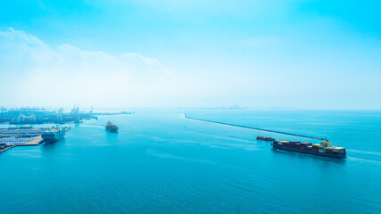 Aerial view of the freight shipping transport system cargo ship container. international transportation Export-import business, logistics, transportation industry concepts	