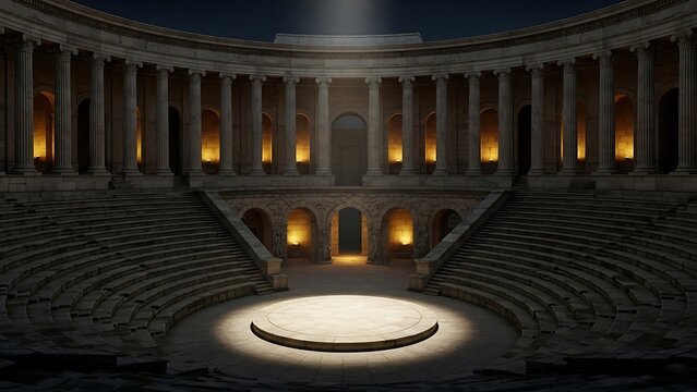 Grand ancient roman amphitheater with spotlighted stage and classical columns under dramatic lighting, historical architecture - Powered by Adobe