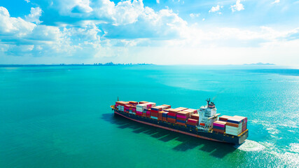 Aerial view of the freight shipping transport system cargo ship container. international transportation Export-import business, logistics, transportation industry concepts	