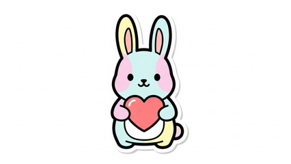 Obraz premium Adorable sticker-style illustration of a bunny holding a heart, soft pastel colors, clean bold outline, isolated on a white background