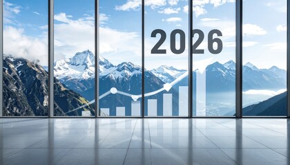 Naklejka premium A striking conceptual representation of future growth. 2026 with an upward trending graph is projected over a stunning mountain backdrop seen through expansive windows.