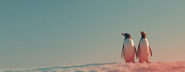 Two Penguins Standing Snowy Landscape