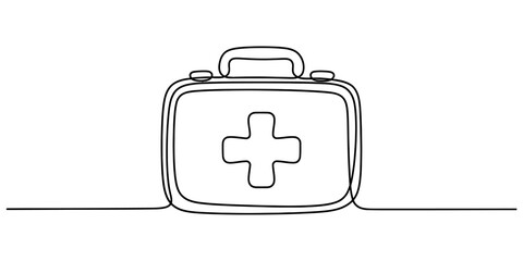 First aid kit icon in continuous line drawing style, medical emergency bag with cross symbol, isolated on continuous one line art of vector illustration