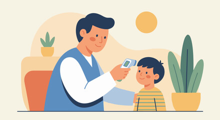 “Flat-style vector of a doctor checking a child’s temperature with a digital thermometer, warm caring atmosphere, simple shapes, minimal details.”