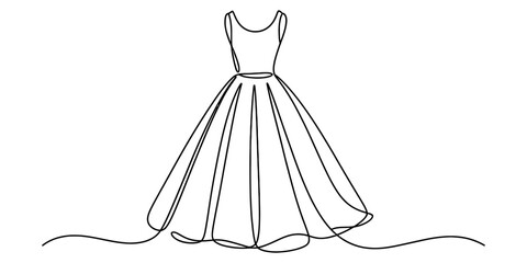 Elegant continuous line drawing of a vintage style ball gown or wedding dress, isolated on continuous one line art of vector illustration