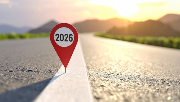 A hopeful road map to 2026, marking a significant milestone on a sun-kissed road, symbolizing goals and progress. 