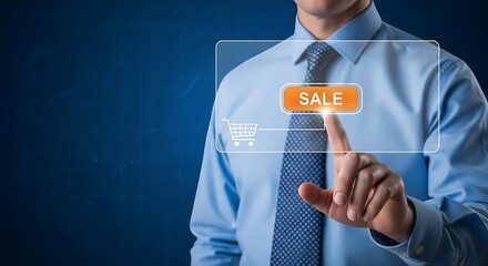 Businessman pressing a virtual sale button on a futuristic interface.