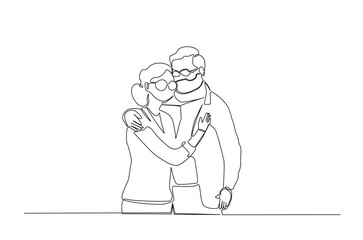 Continuous one line drawing of elderly couple Hugging. single-line art illustration depicting an elderly couple sharing a loving, comforting embrace. Editable vector.