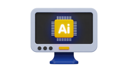 Adobe Illustrator logo on computer monitor in modern flat design with bright blue and yellow colors in studio lighting for graphic design software marketing