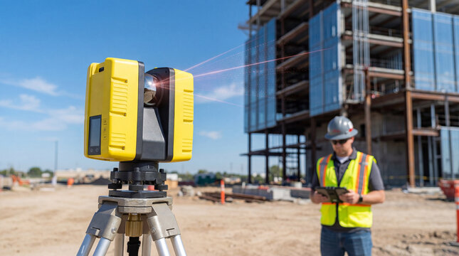 Construction worker using a tablet near a yellow 3D laser scanner on a tripod at a building site. Focuses on modern technology, engineering, surveying, and BIM (Building Information Modeling).