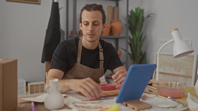 Man holds and paints a ceramic vase with his hands and a small brush at a wooden workbench in studio; creative concentration.