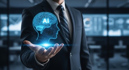 Businessman holding a glowing AI brain icon in his hand, representing artificial intelligence and technology.