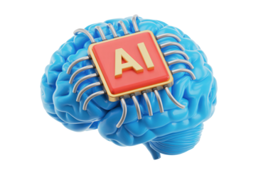 Artificial Intelligence Brain with Red Microchip in Bright Blue Color on White Background for Technology