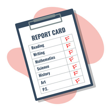 online school report card with F grades, subjects list in clipboard, education bad result, flat style illustration