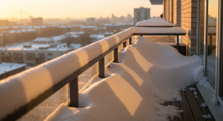 Fototapeta premium Snow-covered balcony railing at sunrise in the city. Urban winter scene with golden morning light and blurred cityscape background