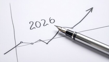 Fototapeta premium A pen traces a upward trend line to show year 2026, it symbolizes growth and planning.