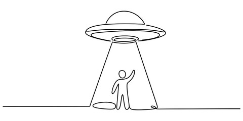 One line drawing of a ufo or flying saucer abducting a person with a light beam, isolated on continuous one line art of vector illustration
