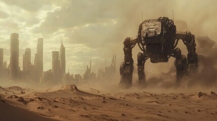 Futuristic Mech Walker in a Desert Wasteland with Cityscape.