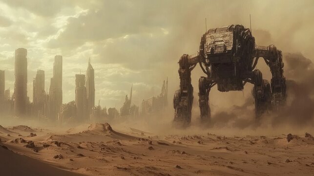 Futuristic Mech Walker in a Desert Wasteland with Cityscape.