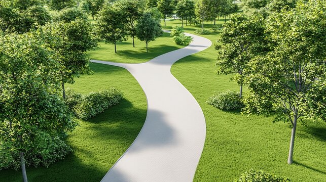 A serene winding path through a lush green park, lined with trees and vibrant grass, inviting peaceful strolls and relaxation.