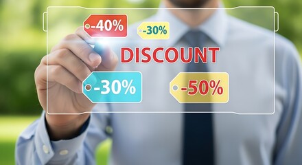 Man writing discount percentages on a transparent screen for sales promotion.