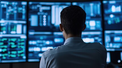 A person analyzes data on multiple screens, surrounded by digital graphs and charts, indicating a high-tech, analytical environment.