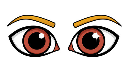 Close up of expressive brown eyes with bright white highlights and golden eyebrows against a stark black background conveying intense focus and awareness