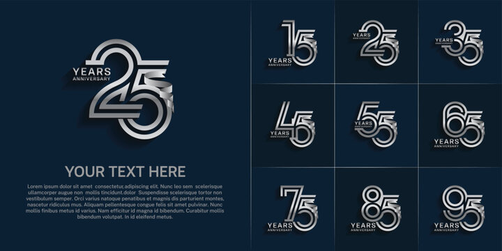 Anniversary logo style double line number set. silver color and ribbon for celebration event