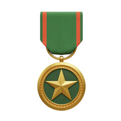 Fototapeta premium A golden medal with a green ribbon and a golden star in the center isolated on transparent background