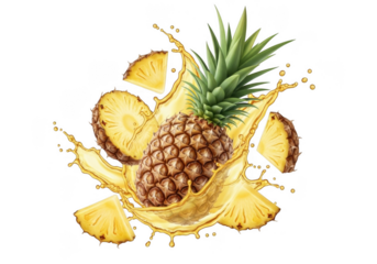 Pineapple And Slices Exploding In Splash Of Juice Isolated On Transparent Backdrop